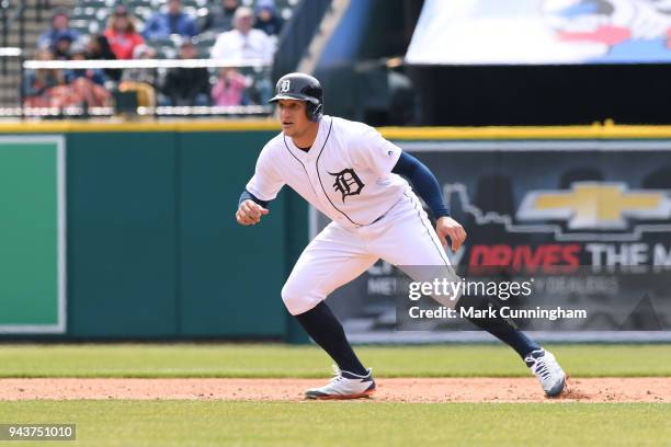 Mikie Mahtook of the Detroit Tigers runs the bases during game one of a double header against the Pittsburgh Pirates at Comerica Park on April 1,...