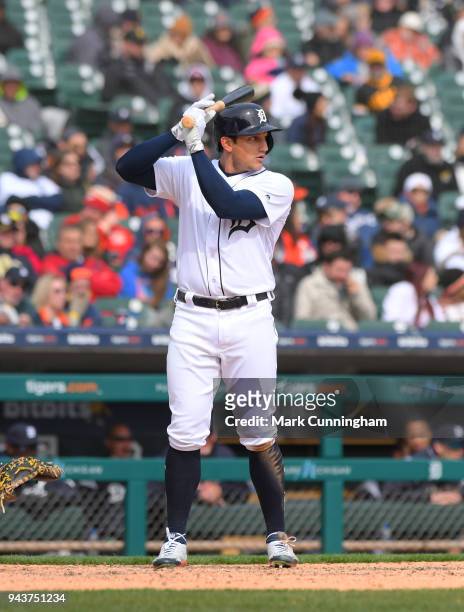 Mikie Mahtook of the Detroit Tigers bats during game one of a double header against the Pittsburgh Pirates at Comerica Park on April 1, 2018 in...
