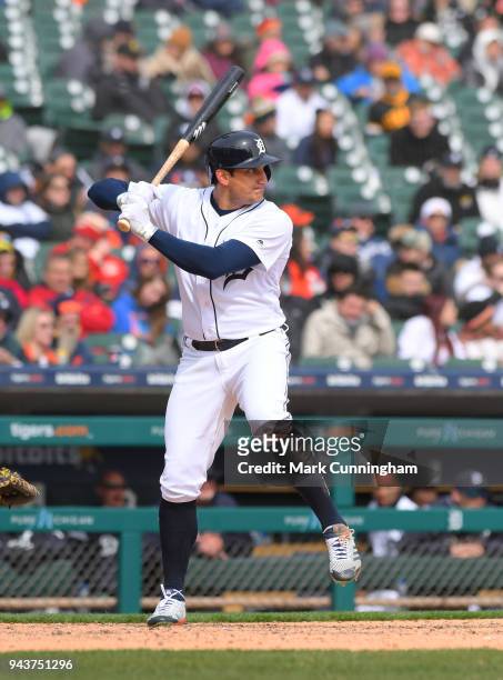 Mikie Mahtook of the Detroit Tigers bats during game one of a double header against the Pittsburgh Pirates at Comerica Park on April 1, 2018 in...