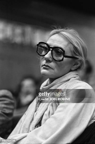 Portrait de Pierrette Le Pen, femme de Jean-Marie Le Pen leader du Front National, lors d'une conférence de presse du Front National, le 31 mars 1979...