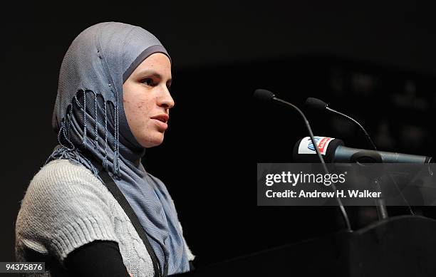 Producer Jehane Noujaim speaks prior to the Cultural Bridge Panel discussion during day five of the 6th Annual Dubai International Film Festival held...