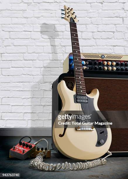 Mira electric guitar, Yamaha amp head with cabinet and Emma Electronic DiscumBOBulator pedal, taken on September 7, 2017.