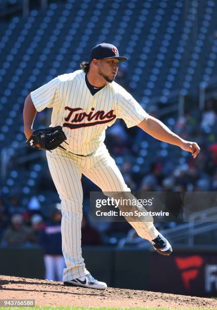 Minnesota Twins Pitcher Gabriel Moya delivers a pitch during a MLB game between the Minnesota Twins and Seattle Mariners on April 7, 2018 at Target...