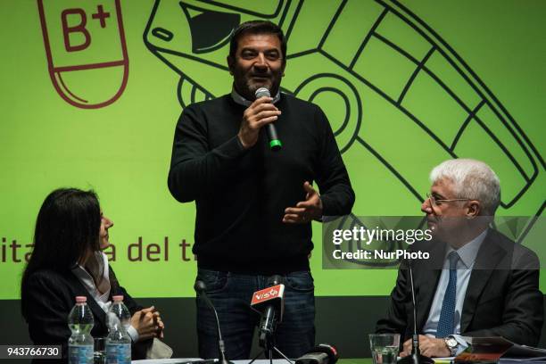 Max Giusti actor and TV presenter,and the mayor of Rome Virginia Raggi, President Atac Paolo Simioni during Press Conference 'Atac + Facile ' at the...