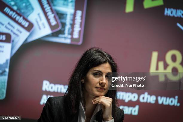 The Mayor of Rome Virginia Raggi during Press Conference 'Atac + Facile ' at the Termini station, presented by the President of Atac Paolo Simioni,...