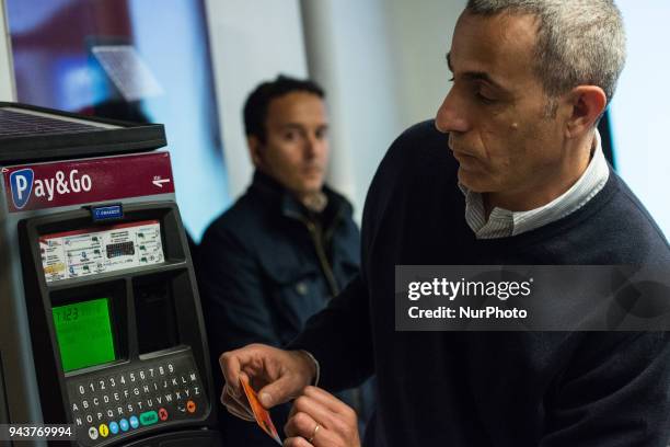 In the photo the new parking meters during Press Conference 'Atac + Facile ' at the Termini station, presented by the President of Atac Paolo...