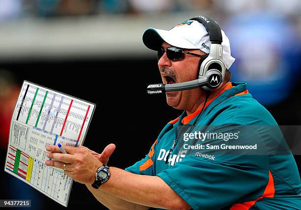 Head coach Tony Sparano of the Miami Dolphins yells during the game against the Jacksonville Jaguars at Jacksonville Municipal Stadium on December...