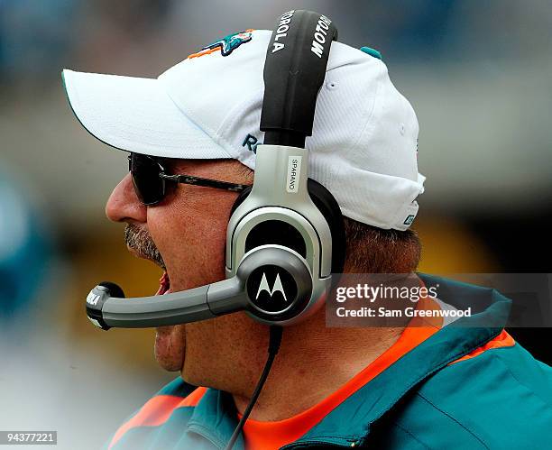 Head coach Tony Sparano of the Miami Dolphins yells during the game against the Jacksonville Jaguars at Jacksonville Municipal Stadium on December...