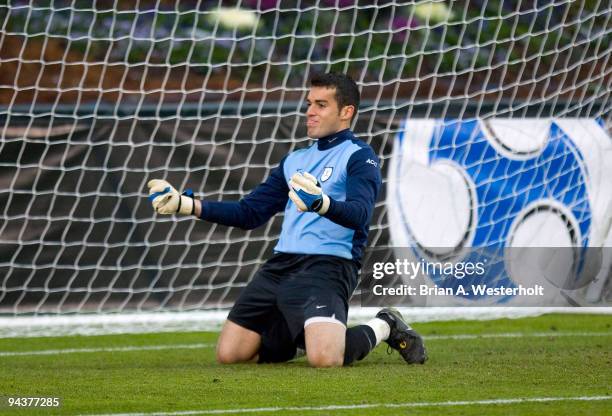 Virginia Cavaliers goalie Diego Restrepo reacts after making a save against the Akron Zips in the final of the 2009 Men's College Cup at WakeMed...