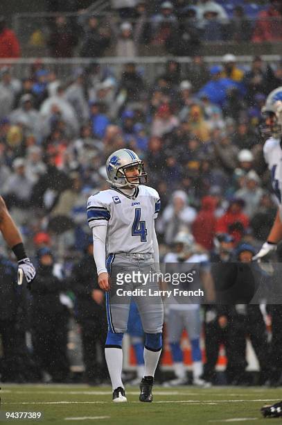 Jason Hanson of the Detroit Lions stands dejectedly after missing a field goal against the Baltimore Ravens at M&T Bank Stadium on December 13, 2009...