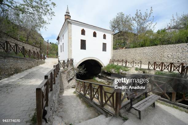 General view of Lutfiye Mosque, which was built in 1878 and an attraction for tourists with its wooden architect, is seen on a round arch in Karabuk,...