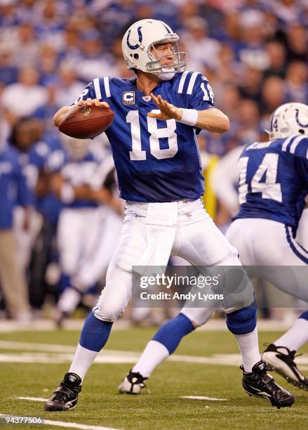 Peyton Manning of the Indianapolis Colts throws the ball during the NFL game against the Denver Broncos at Lucas Oil Stadium on December 13, 2009 in...