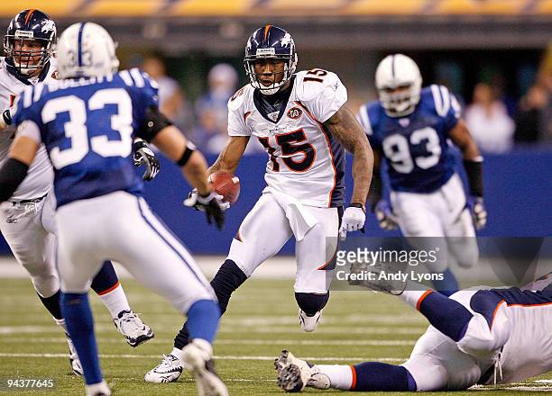 Brandon Marshall of the Denver Broncos runs with the ball during the NFL game against the Indianapolis Colts at Lucas Oil Stadium on December 13,...