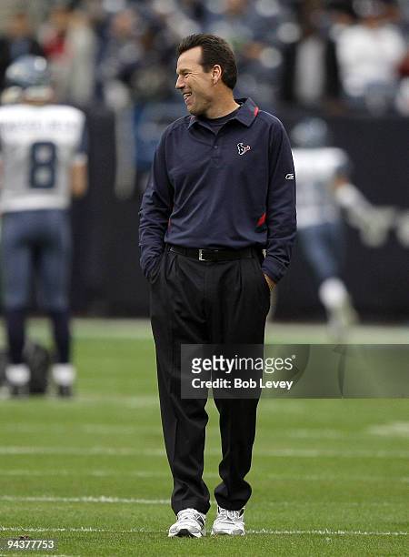 Houston Texans head coach Gary Kubiak smiles during pre-game warmups against the Seattle Seahawks at Reliant Stadium on December 13, 2009 in Houston,...