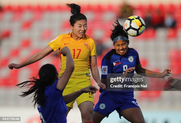 Gu Yasha of China and Jesse Anne Shugg of Philippines jump to the ball during the AFC Women's Asian Cup Group A match between Philippines and China...