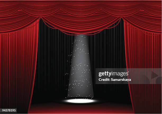 opened red curtain with spotlight shining on empty stage - curtain valance stock illustrations