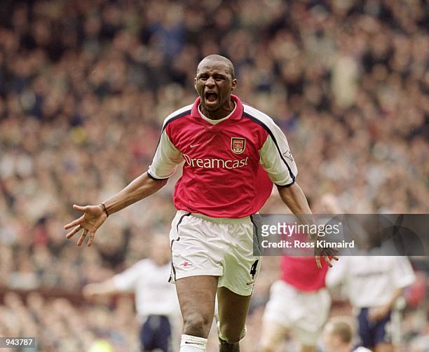 Patrick Vieira of Arsenal celebrates his goal during the AXA sponsored FA Cup Semi-Final match against Tottenham Hotspur played at Old Trafford, in...