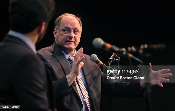 Congressman Michael Capuano speaks at a congressional forum in the Greene Theater at Emerson College in Boston on April 2, 2018.