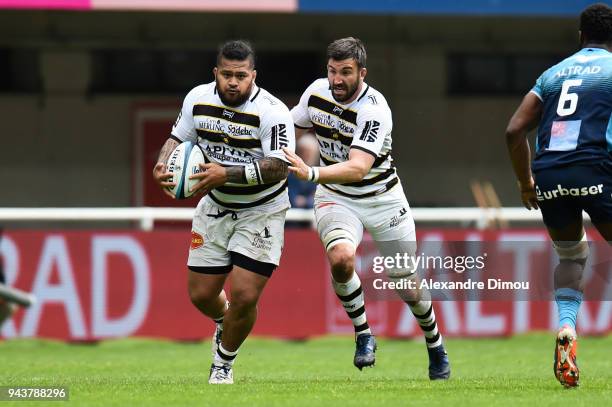 Vincent Pelo and Romain Sazy of La Rochelle during the French Top 14 match between Montpellier and La Rochelle at Altrad Stadium on April 8, 2018 in...