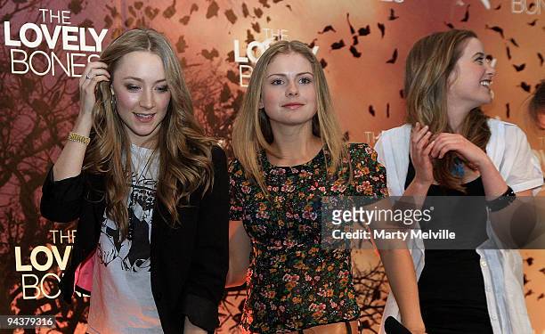 Actresses Saoirse Ronan, Rose McIver and Carolyn Dando leave the The Lovely Bones press conference at Intercontinental Hotel on December 14, 2009 in...