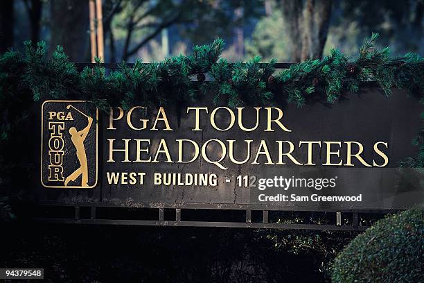 Signage at PGA Tour Headquarters on December 13, 2009 in Ponte Vedra Beach, Florida. Tiger Woods announced that he will take an indefinite break from...