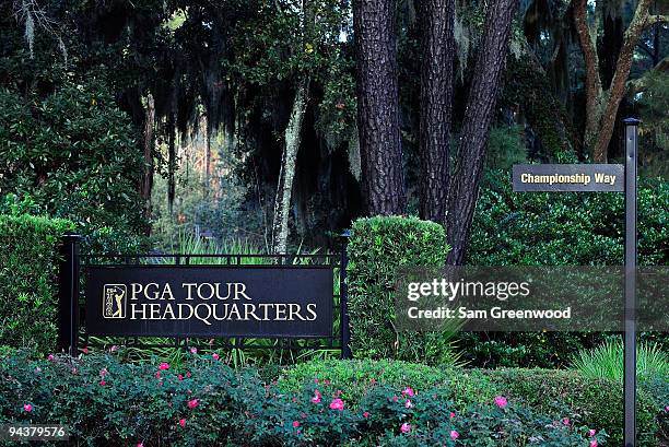 Signage at PGA Tour Headquarters on December 13, 2009 in Ponte Vedra Beach, Florida. Tiger Woods announced that he will take an indefinite break from...