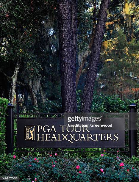 Signage at PGA Tour Headquarters on December 13, 2009 in Ponte Vedra Beach, Florida. Tiger Woods announced that he will take an indefinite break from...