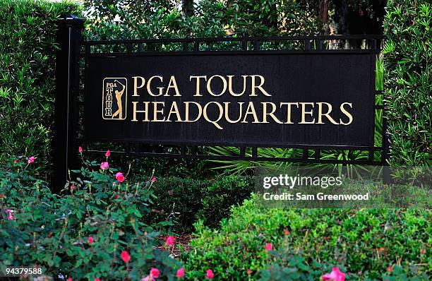 Signage at PGA Tour Headquarters on December 13, 2009 in Ponte Vedra Beach, Florida. Tiger Woods announced that he will take an indefinite break from...