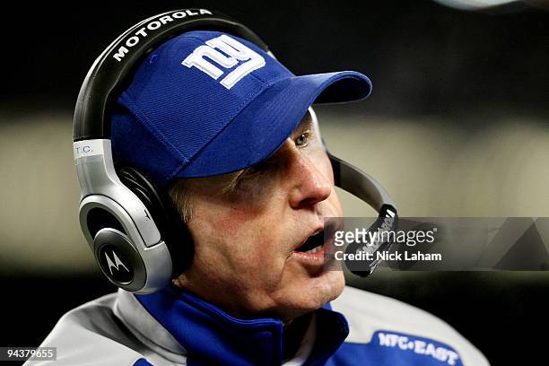 Head coach Tom Coughlin of the New York Giants looks on against the Philadelphia Eagles at Giants Stadium on December 13, 2009 in East Rutherford,...