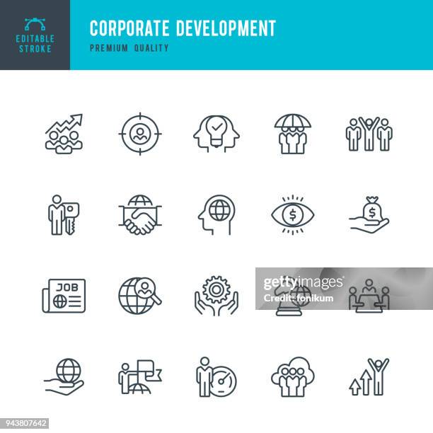 ilustraciones, imágenes clip art, dibujos animados e iconos de stock de desarrollo corporativo - conjunto de iconos de vector de línea delgada - riesgo