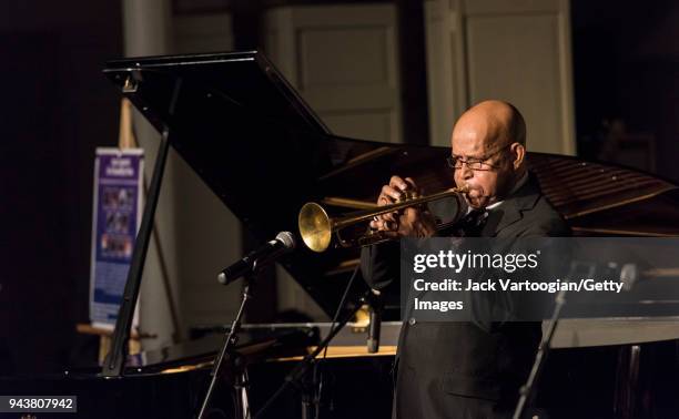 American Jazz trumpeter Eddie Henderson performs at the 'Jazz Legends for Disability Pride' Benefit Concert at The Quaker Friends Meeting Hall, New...