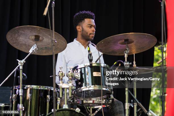 American jazz drummer Jonathan Barber performs with singer Alicia Olatuja and her band on the fourth and final day of the 25th Annual Charlie Parker...