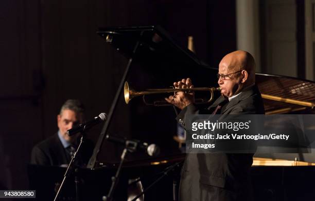 American Jazz trumpeter Eddie Henderson performs with Mike LeDonne at the piano at the 'Jazz Legends for Disability Pride' Benefit Concert at The...