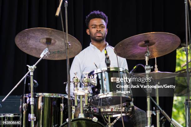 American jazz drummer Jonathan Barber performs with singer Alicia Olatuja and her band on the fourth and final day of the 25th Annual Charlie Parker...