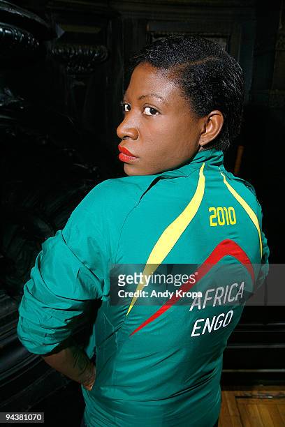 Suzanne "Africa" Engo trains to run to raise awareness for AIDS In Africa at Sal Anthony's Movement Salon on December 13, 2009 in New York City.