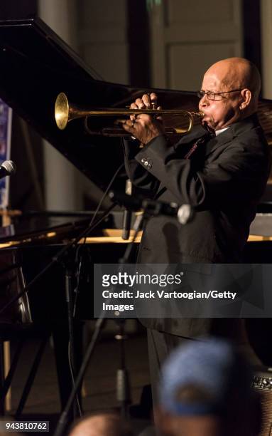American Jazz trumpeter Eddie Henderson performs at the 'Jazz Legends for Disability Pride' Benefit Concert at The Quaker Friends Meeting Hall, New...