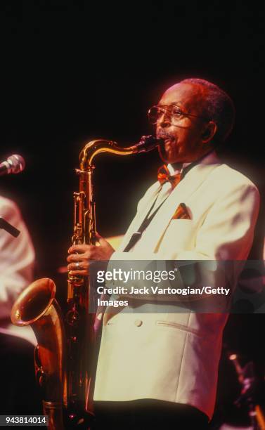 American jazz musician Jimmy Heath performs on tenor saxophone at the Jazz at Lincoln Center tribute concert to him entitled 'Tenor on Top' at Alice...
