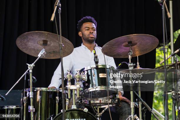 American jazz drummer Jonathan Barber performs with singer Alicia Olatuja and her band on the fourth and final day of the 25th Annual Charlie Parker...