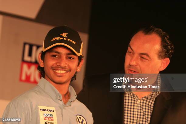 Ashwin Sundir, Youngest Racing Champion and Marian Hamprecht, Owner of the ma-con motorsport team during a press conference, in New Delhi. Ashwin...