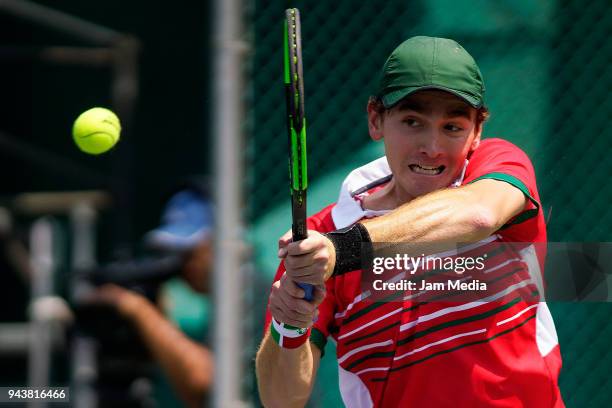 Luis Patino of Mexico returns a shot during day two of the Davis Cup second round series between Mexico and Peru as part of the Group II of the...