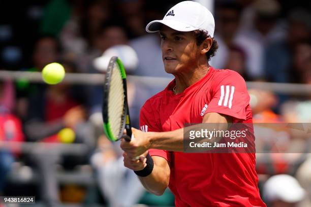 Juan Pablo Varillas of Peru returns a shot during day two of the Davis Cup second round series between Mexico and Peru as part of the Group II of the...