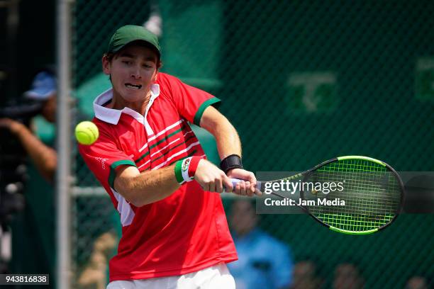 Luis Patino of Mexico returns a shot during day two of the Davis Cup second round series between Mexico and Peru as part of the Group II of the...