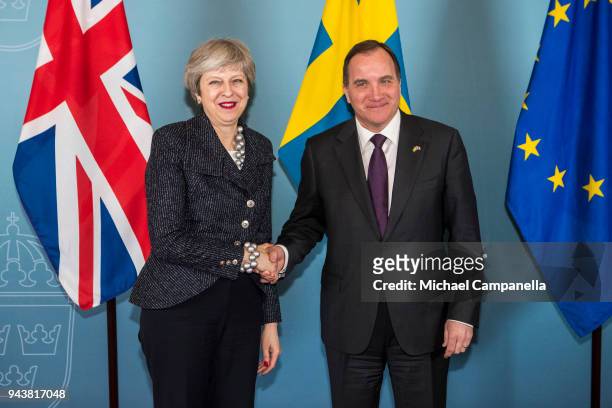 British prime minister Theresa May arrives at Rosenband for a meeting with Swedish prime minister Stefan Lofven on April 9, 2018 in Stockholm, Sweden.