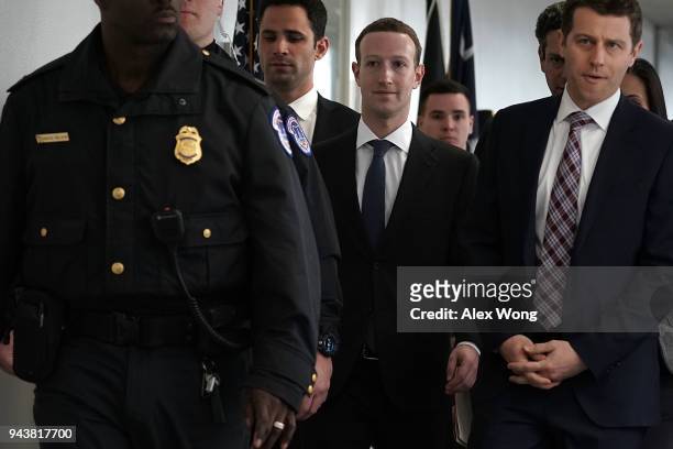 Facebook CEO Mark Zuckerberg arrives at a meeting with U.S. Sen. Bill Nelson , ranking member of the Senate Committee on Commerce, Science, and...