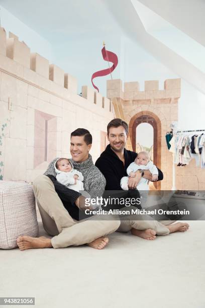 Personality Fredrik Eklund and husband Derek Kaplan are photographed with twins Milla and Fredrik for People Magazine on January 19, 2018 in...