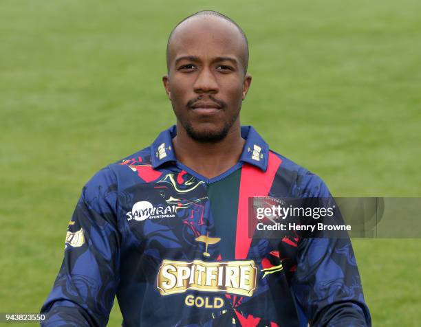 Daniel Bell-Drummond of Kent poses for a portrait in NatWest T20 Blast strip during a Kent CCC photocall at The Spitfire Ground on April 9, 2018 in...