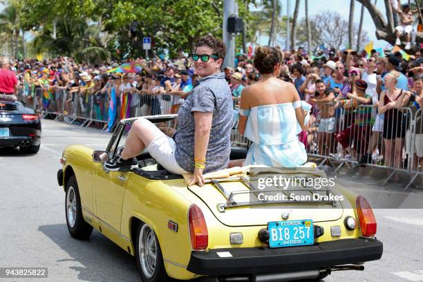 Comedian Julie Goldman and Brandy Howard participate in the 10th Annual Miami Beach Gay Pride celebration at South Beach on April 08, 2018 in Miami,...