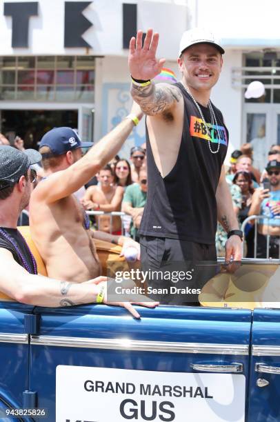 Olympian Gus Kenworthy participates as Grand Marshal of the 10th Annual Miami Beach Gay Pride celebration on South Beach on April 08, 2018 in Miami,...