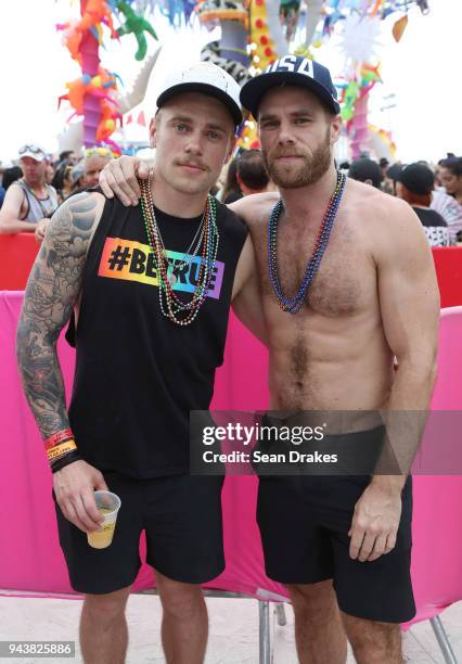 Olympian Gus Kenworthy poses with his partner Matthew Wilkas during the 10th Annual Miami Beach Gay Pride celebration on South Beach on April 08,...