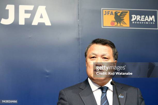 Japan Football Association President Kozo Tashima attends a press conference at the JFA House on April 9, 2018 in Tokyo, Japan. Japanese FA fires...